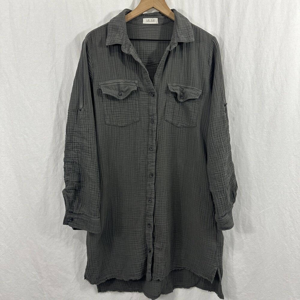 Bella Dahl Gray Gauze Button Up Roll Tab Lagenlook Beachy Shirt Dress Womens L
